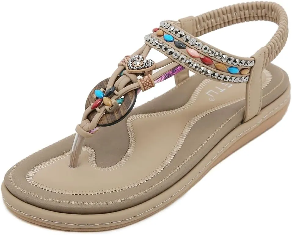 Women's Bohemian Rhinestone T-strap Flat Sandals Summer Comfy Flipflops Embellished Beach Thong Sandal