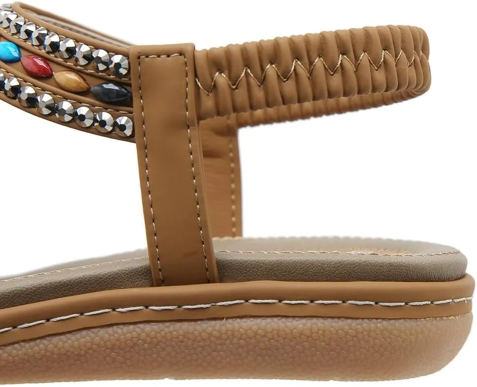 Women's Bohemian Rhinestone T-strap Flat Sandals Summer Comfy Flipflops Embellished Beach Thong Sandal
