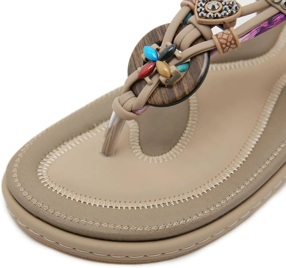 Women's Bohemian Rhinestone T-strap Flat Sandals Summer Comfy Flipflops Embellished Beach Thong Sandal
