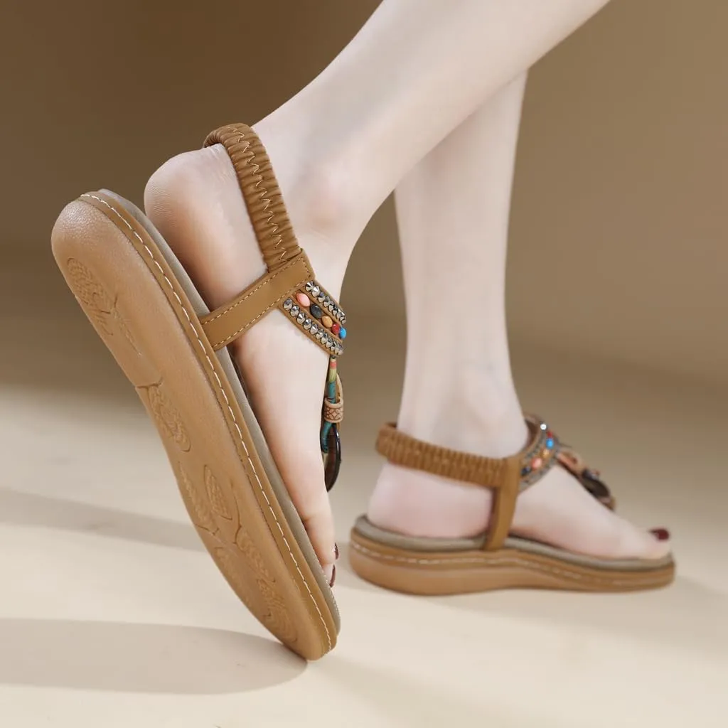 Women's Bohemian Rhinestone T-strap Flat Sandals Summer Comfy Flipflops Embellished Beach Thong Sandal
