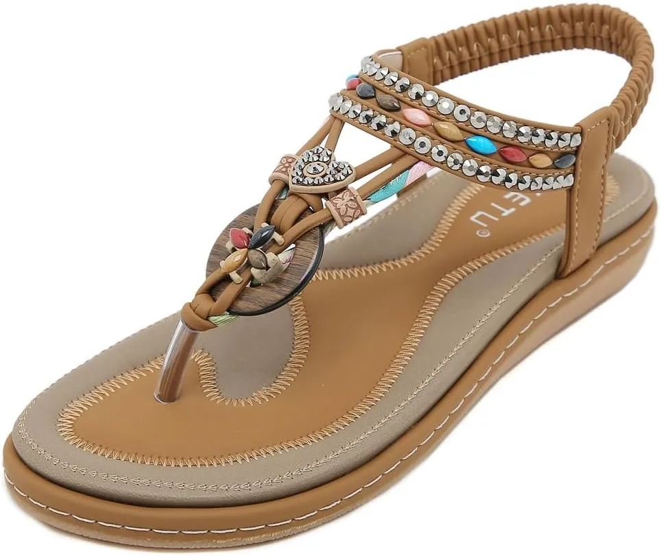 Women's Bohemian Rhinestone T-strap Flat Sandals Summer Comfy Flipflops Embellished Beach Thong Sandal