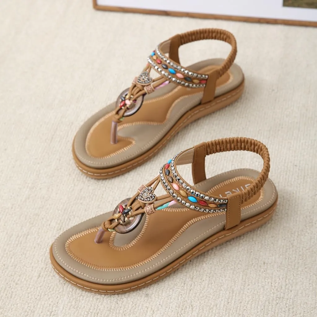 Women's Bohemian Rhinestone T-strap Flat Sandals Summer Comfy Flipflops Embellished Beach Thong Sandal