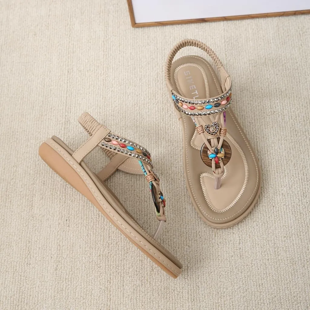 Women's Bohemian Rhinestone T-strap Flat Sandals Summer Comfy Flipflops Embellished Beach Thong Sandal