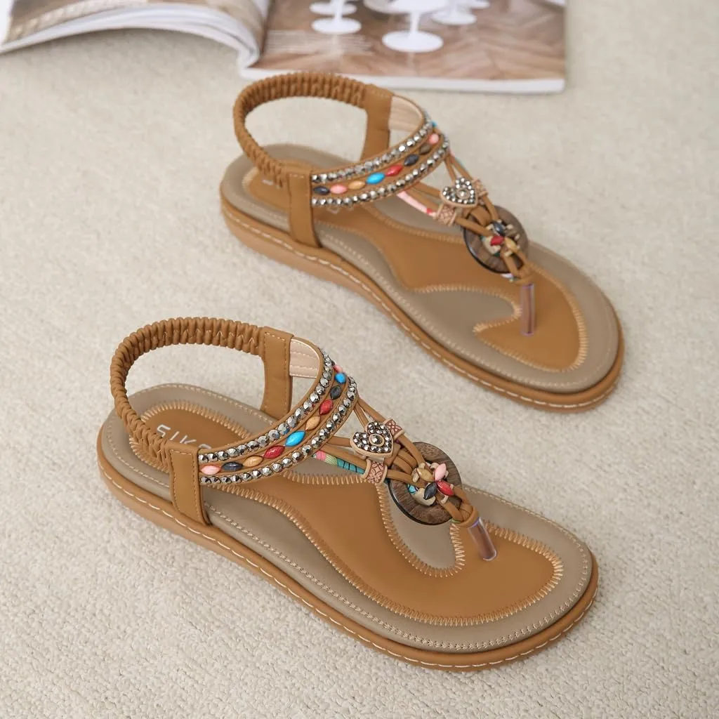 Women's Bohemian Rhinestone T-strap Flat Sandals Summer Comfy Flipflops Embellished Beach Thong Sandal