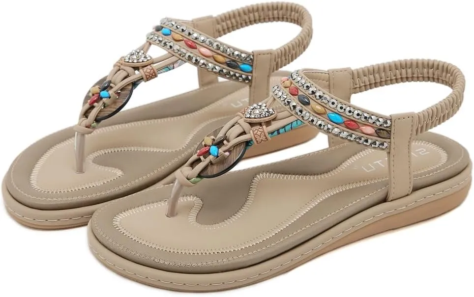 Women's Bohemian Rhinestone T-strap Flat Sandals Summer Comfy Flipflops Embellished Beach Thong Sandal
