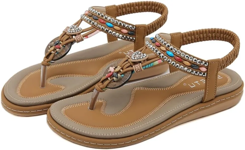Women's Bohemian Rhinestone T-strap Flat Sandals Summer Comfy Flipflops Embellished Beach Thong Sandal