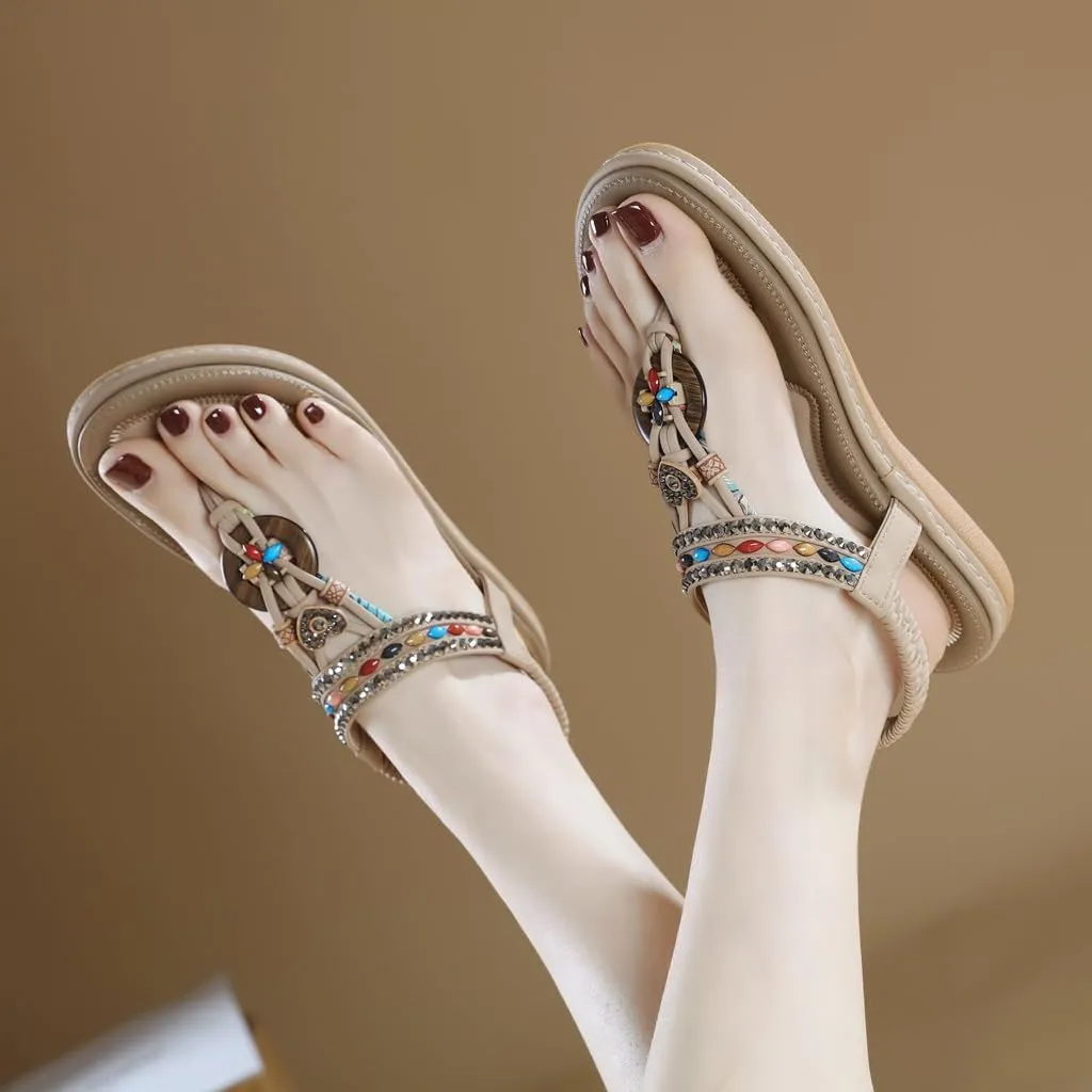 Women's Bohemian Rhinestone T-strap Flat Sandals Summer Comfy Flipflops Embellished Beach Thong Sandal