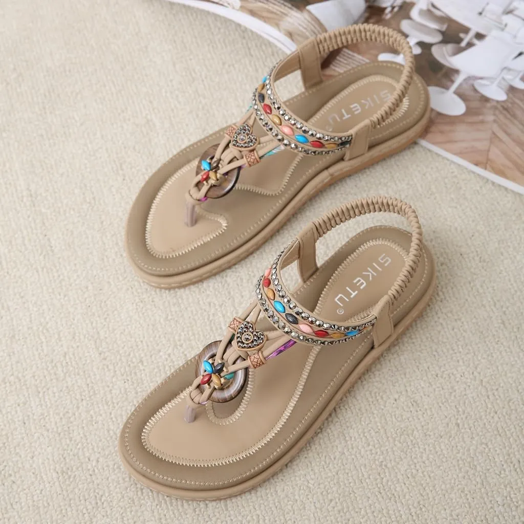 Women's Bohemian Rhinestone T-strap Flat Sandals Summer Comfy Flipflops Embellished Beach Thong Sandal