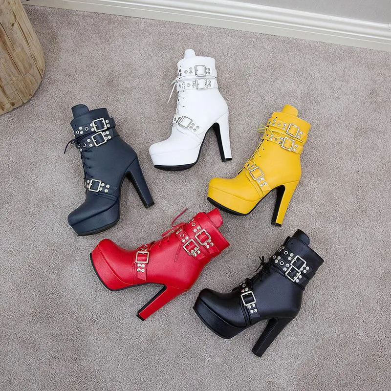 Women's buckle strap chunky high heel combat boots