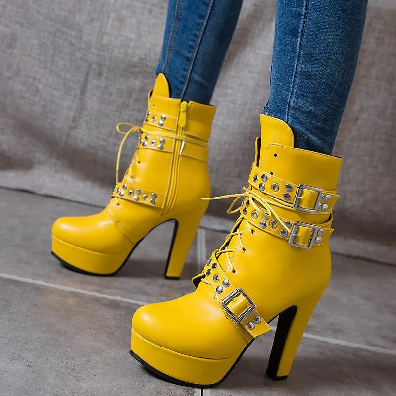 Women's buckle strap chunky high heel combat boots