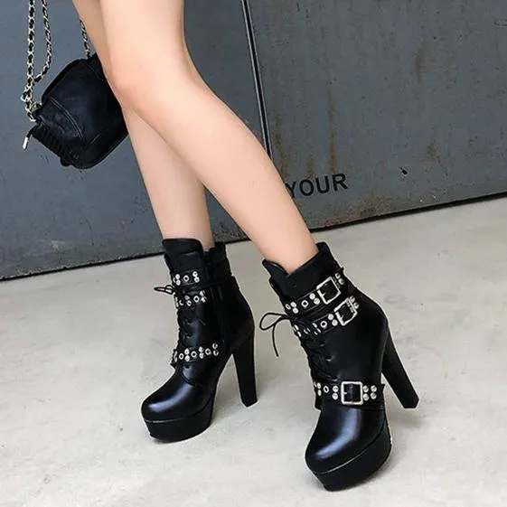 Women's buckle strap chunky high heel combat boots