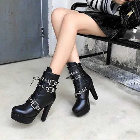 Women's buckle strap chunky high heel combat boots