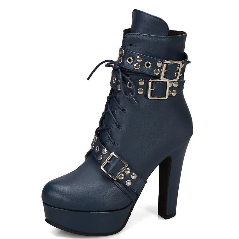 Women's buckle strap chunky high heel combat boots