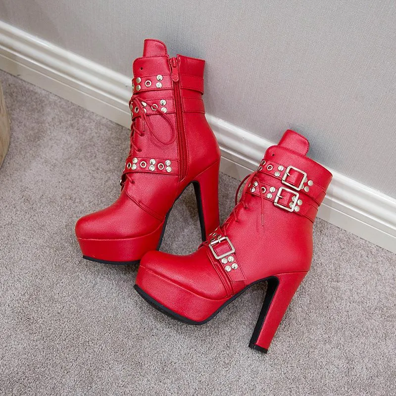 Women's buckle strap chunky high heel combat boots