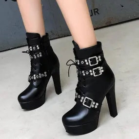 Women's buckle strap chunky high heel combat boots