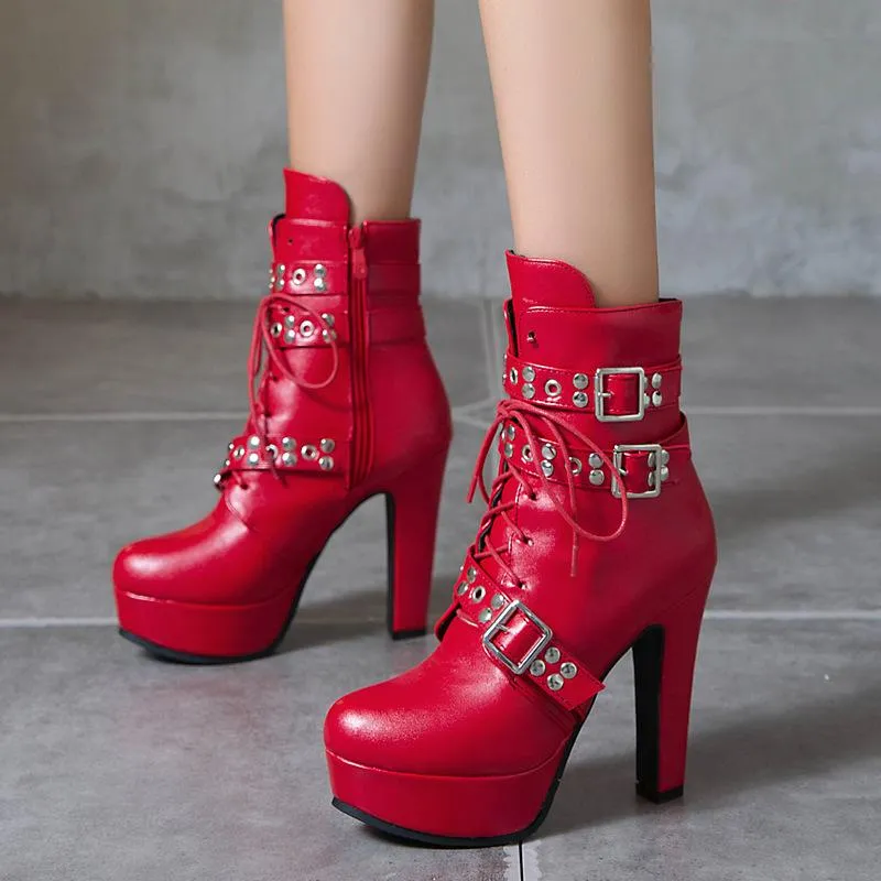 Women's buckle strap chunky high heel combat boots