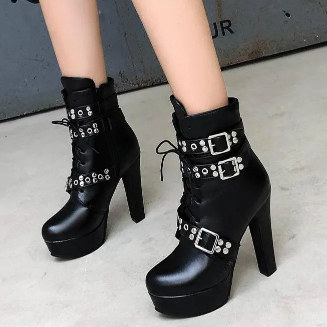 Women's buckle strap chunky high heel combat boots
