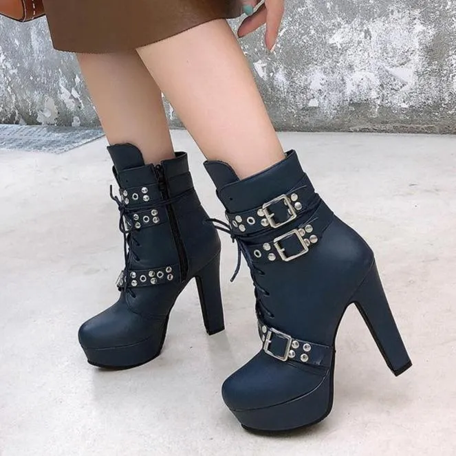 Women's buckle strap chunky high heel combat boots