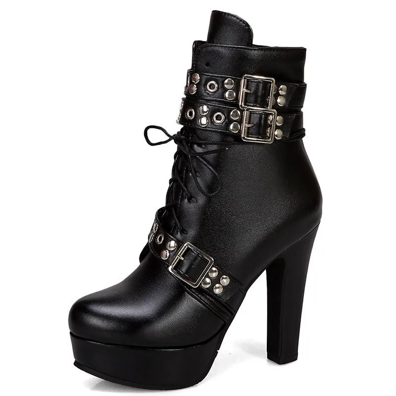 Women's buckle strap chunky high heel combat boots