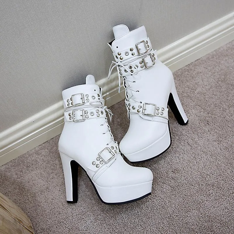 Women's buckle strap chunky high heel combat boots