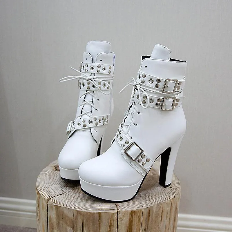 Women's buckle strap chunky high heel combat boots