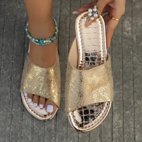 Women's metallic snakeskin patterned slides beach sandals