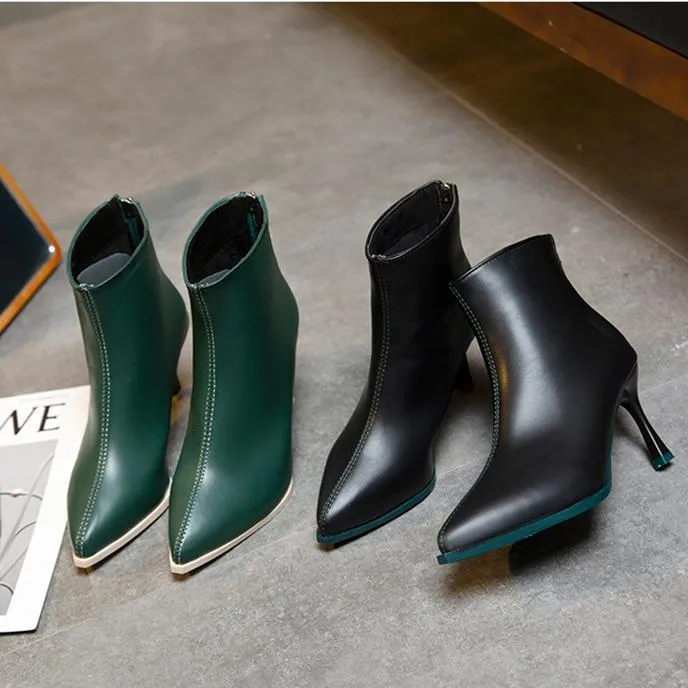 Women's stiletto high heeled back zipper boots pointed toe