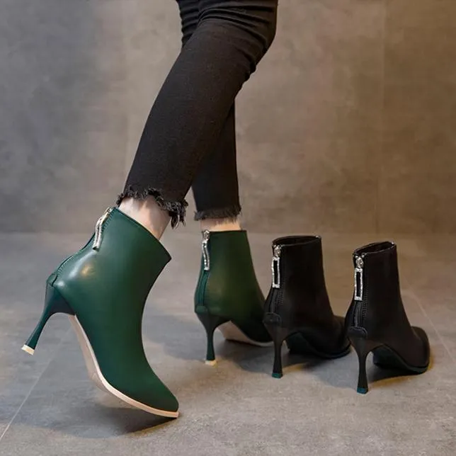 Women's stiletto high heeled back zipper boots pointed toe