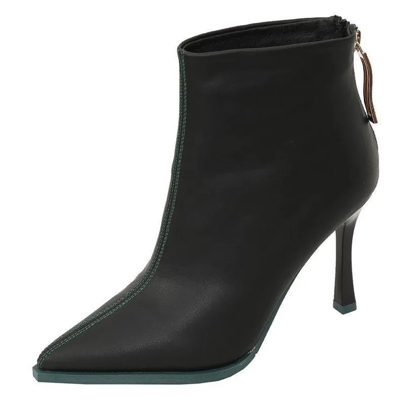 Women's stiletto high heeled back zipper boots pointed toe