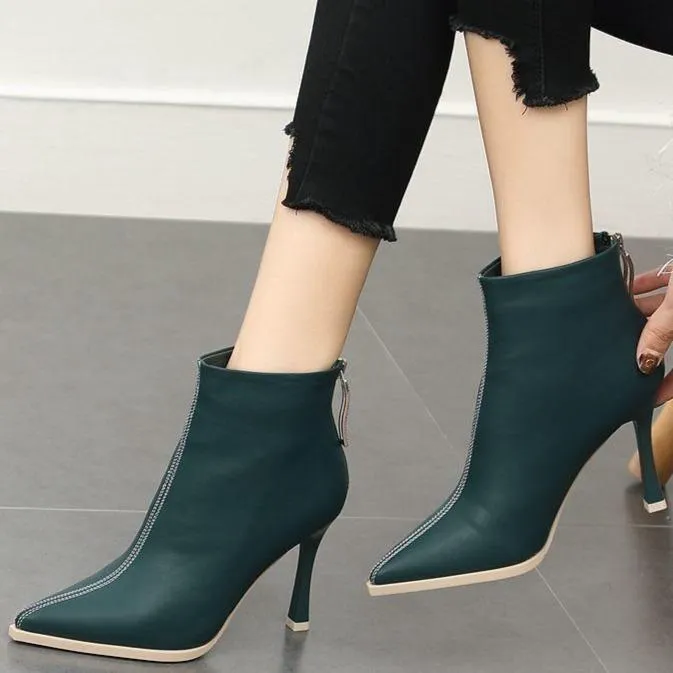 Women's stiletto high heeled back zipper boots pointed toe