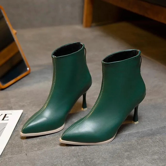 Women's stiletto high heeled back zipper boots pointed toe