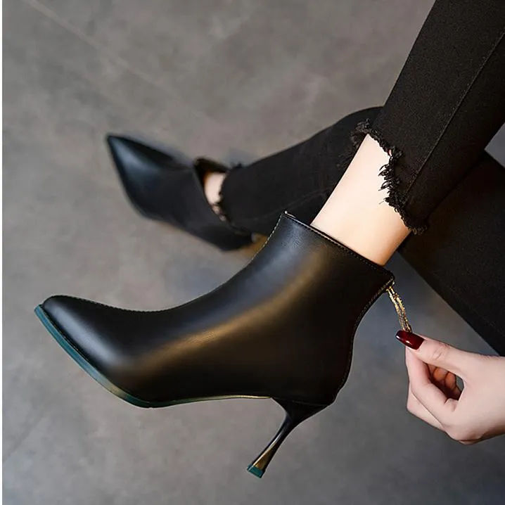 Women's stiletto high heeled back zipper boots pointed toe