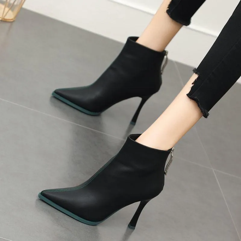 Women's stiletto high heeled back zipper boots pointed toe