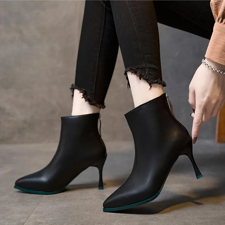 Women's stiletto high heeled back zipper boots pointed toe
