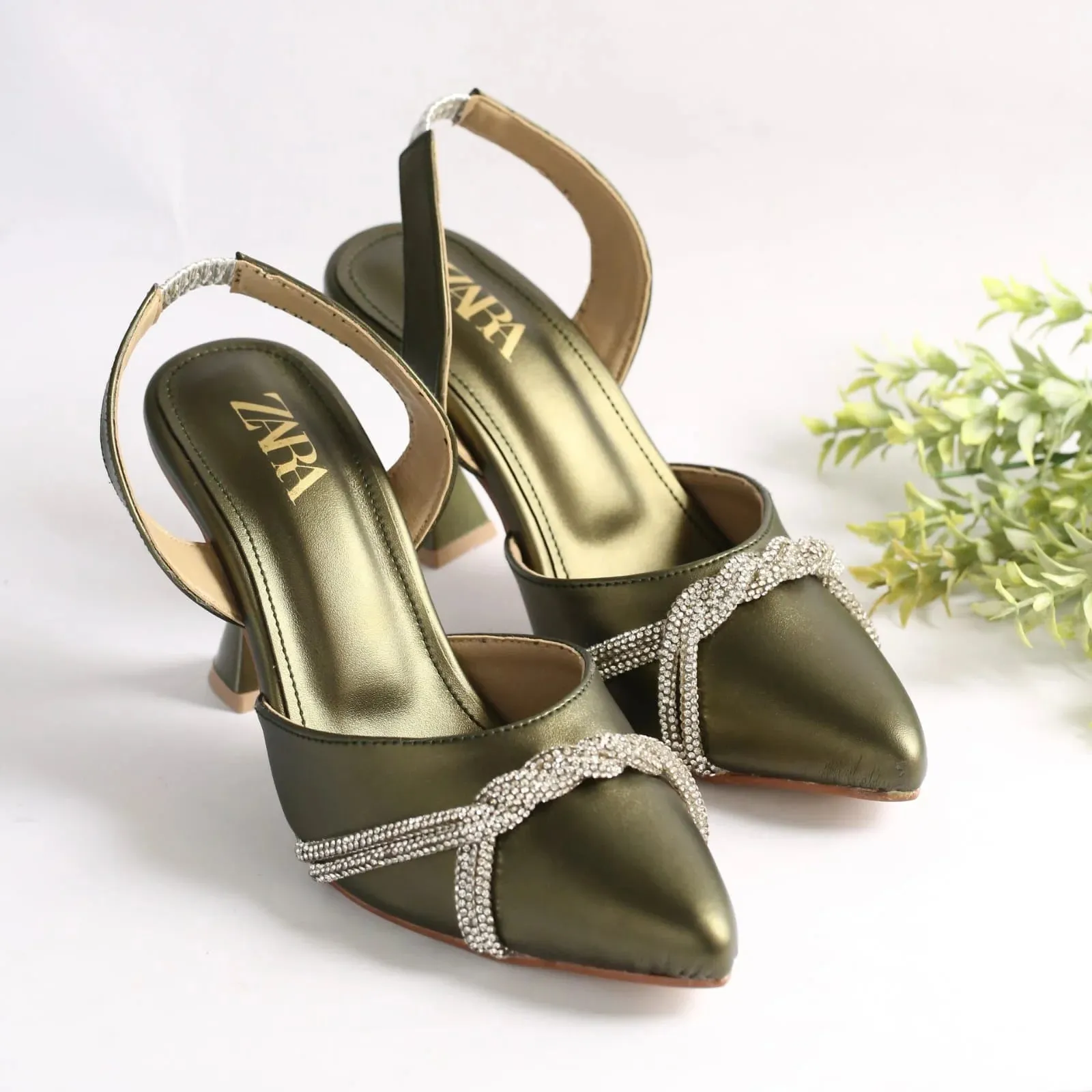 ZARA RHINESTONE SLINGBACK PUMPS - GREEN